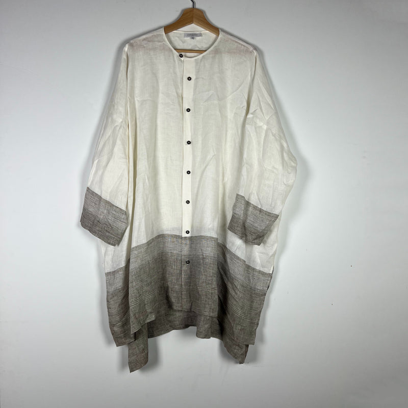 Eskandar Linen Lightweight Woven Crew Neck Button Front Boxy Blouse Shirt Large