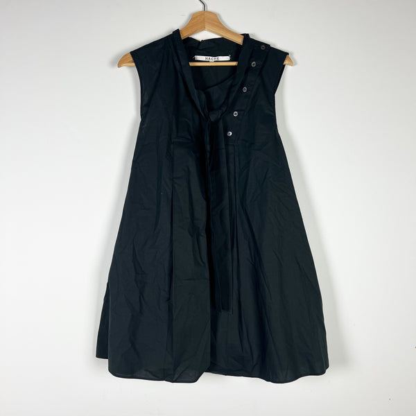 Hache Cotton Poplin Pintuck Pleated Sleeveless Tie Neck Mini Dress Black XL