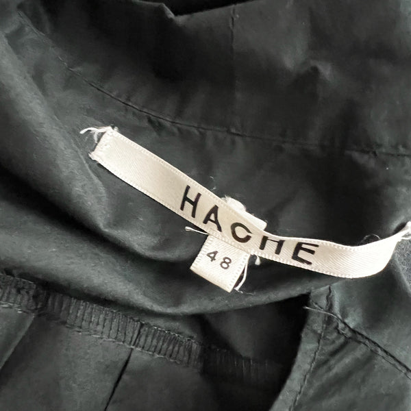 Hache Cotton Poplin Pintuck Pleated Sleeveless Tie Neck Mini Dress Black XL