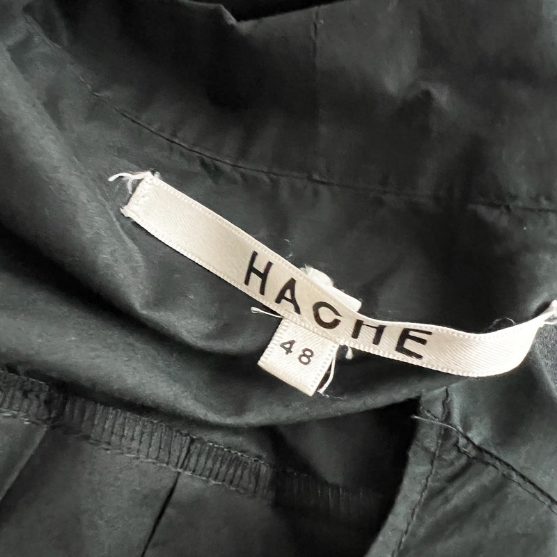 Hache Cotton Poplin Pintuck Pleated Sleeveless Tie Neck Mini Dress Black XL