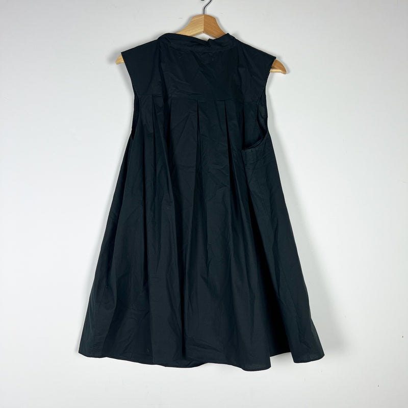 Hache Cotton Poplin Pintuck Pleated Sleeveless Tie Neck Mini Dress Black XL