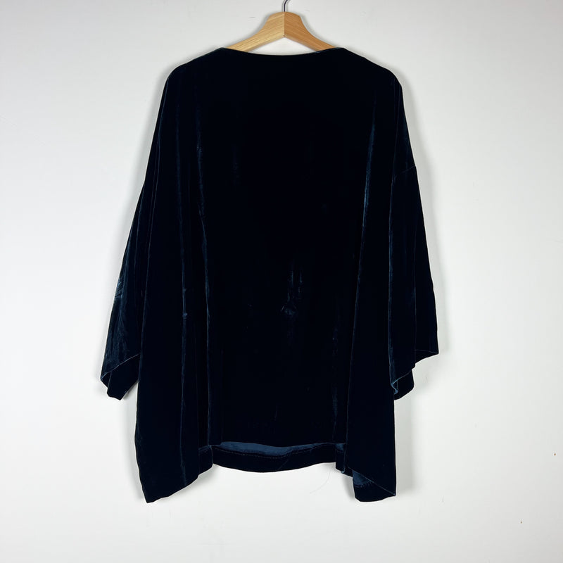 Eskandar Silk Blend Velvet Velour Scoop Neck Boxy Oversized Cut Sweater Top Blue