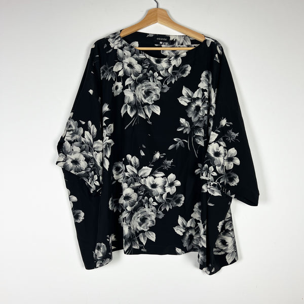 Eskandar Silk Satin Black White Floral Flower Print Pattern Kaftan Blouse Top L