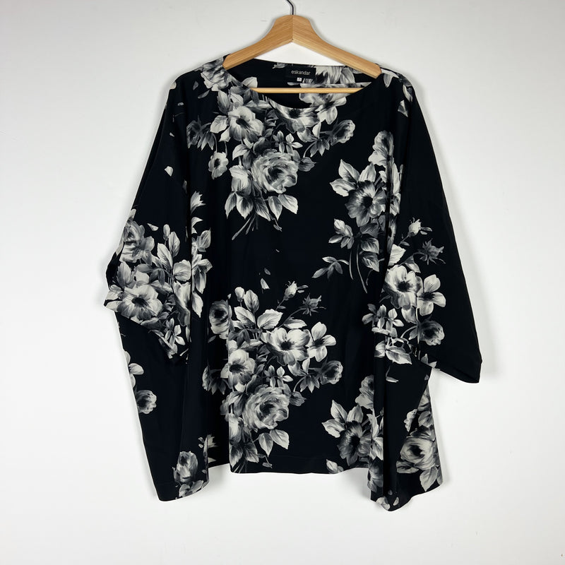 Eskandar Silk Satin Black White Floral Flower Print Pattern Kaftan Blouse Top L