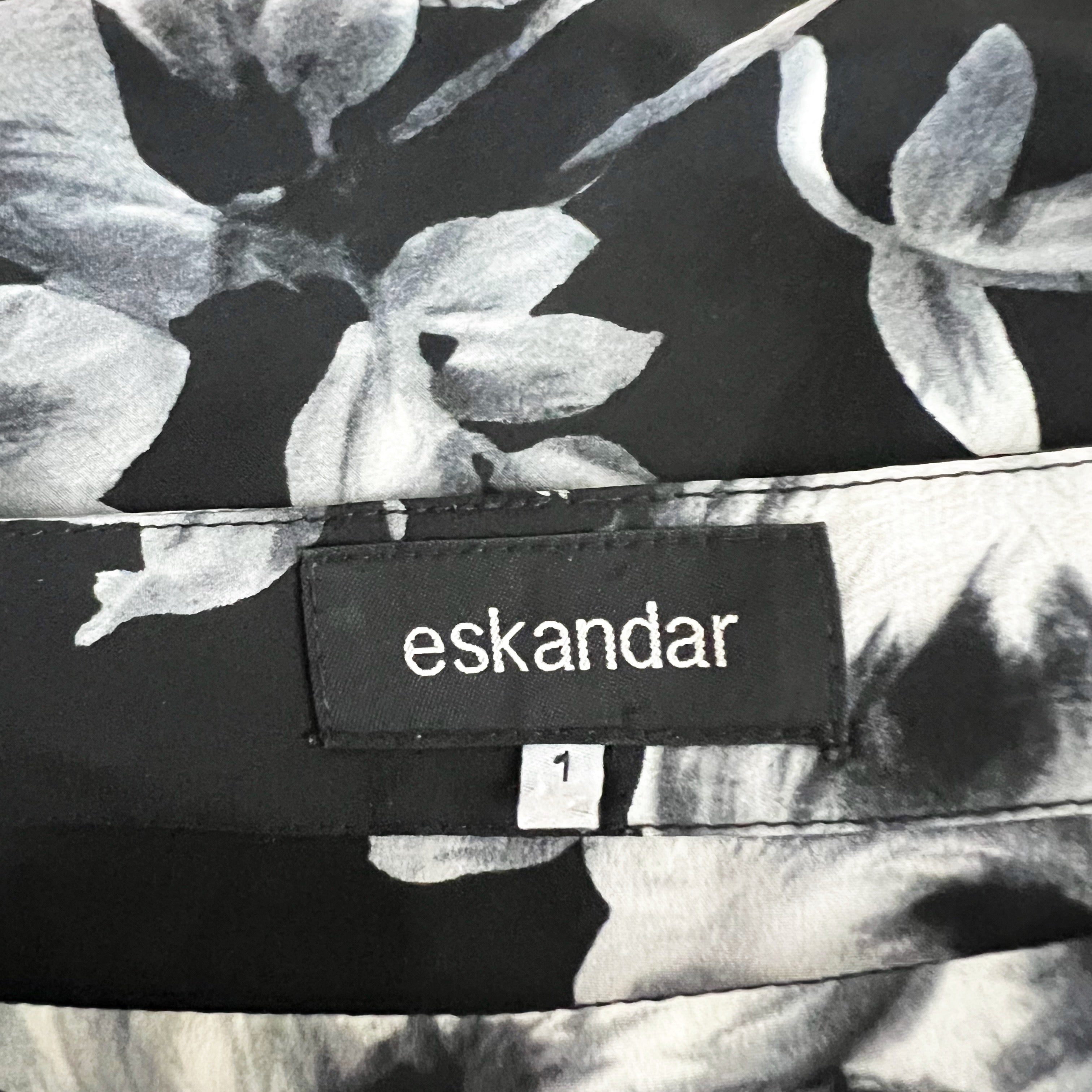 Eskandar Silk Satin Black White Floral Flower Print Pattern Kaftan Blouse Top L
