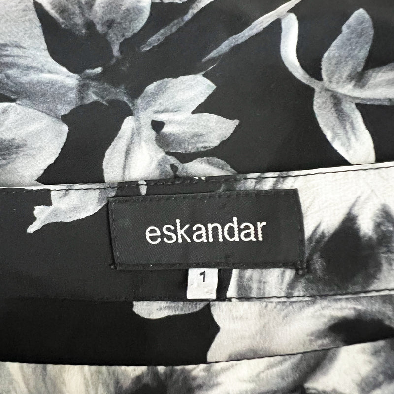 Eskandar Silk Satin Black White Floral Flower Print Pattern Kaftan Blouse Top L