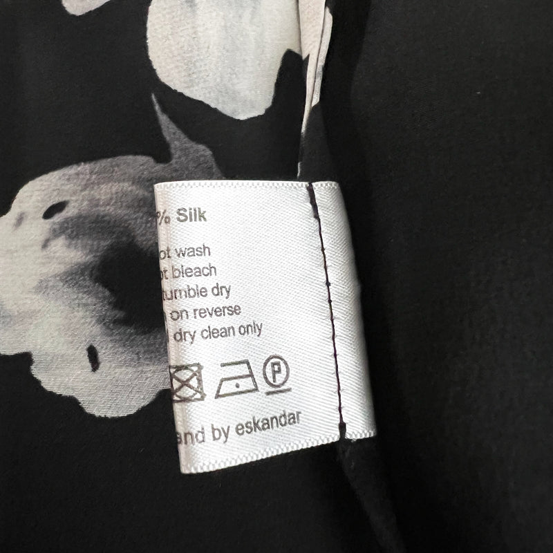 Eskandar Silk Satin Black White Floral Flower Print Pattern Kaftan Blouse Top L