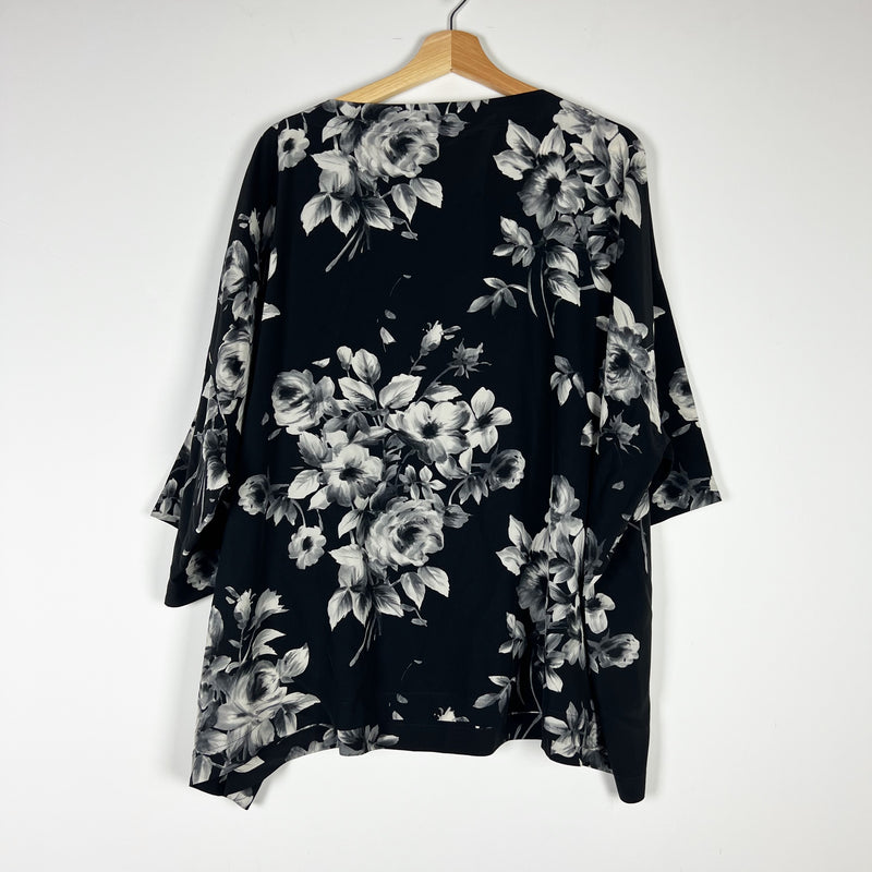 Eskandar Silk Satin Black White Floral Flower Print Pattern Kaftan Blouse Top L