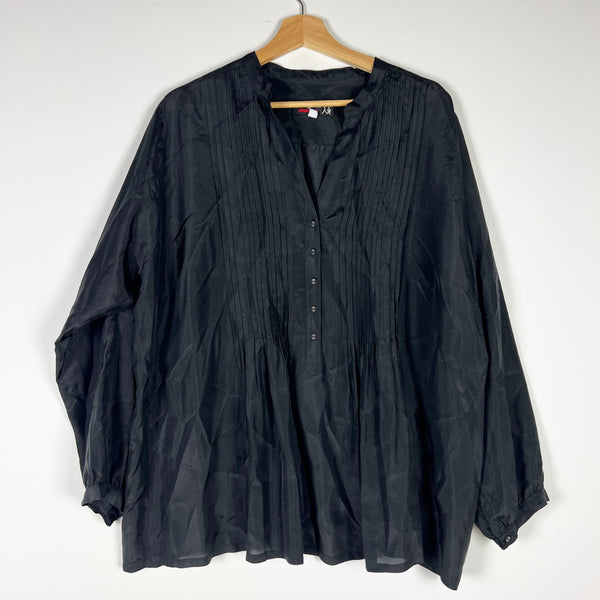 Johnny Was Shaki Silk Chiffon Pleated Pintuck Long Sleeve Quarter Button Blouse