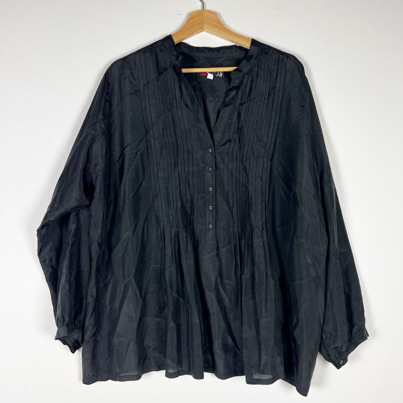 Johnny Was Shaki Silk Chiffon Pleated Pintuck Long Sleeve Quarter Button Blouse