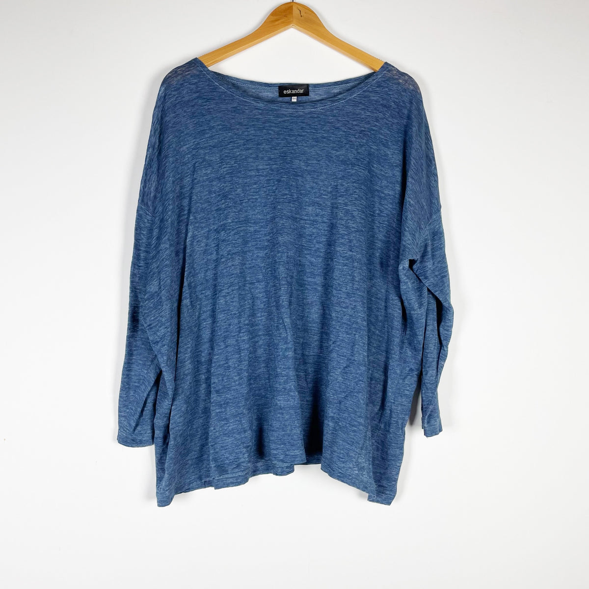 Eskandar Linen Lightweight Scoop Neck Long Sleeve Pullover Tee Shirt Blue OS