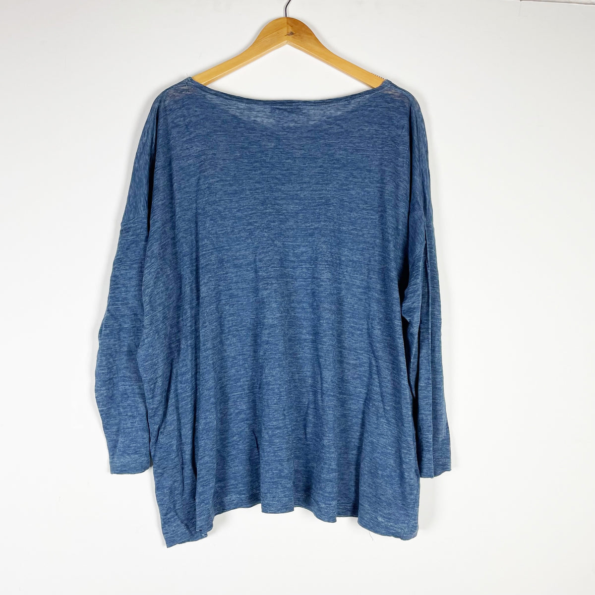 Eskandar Linen Lightweight Scoop Neck Long Sleeve Pullover Tee Shirt Blue OS