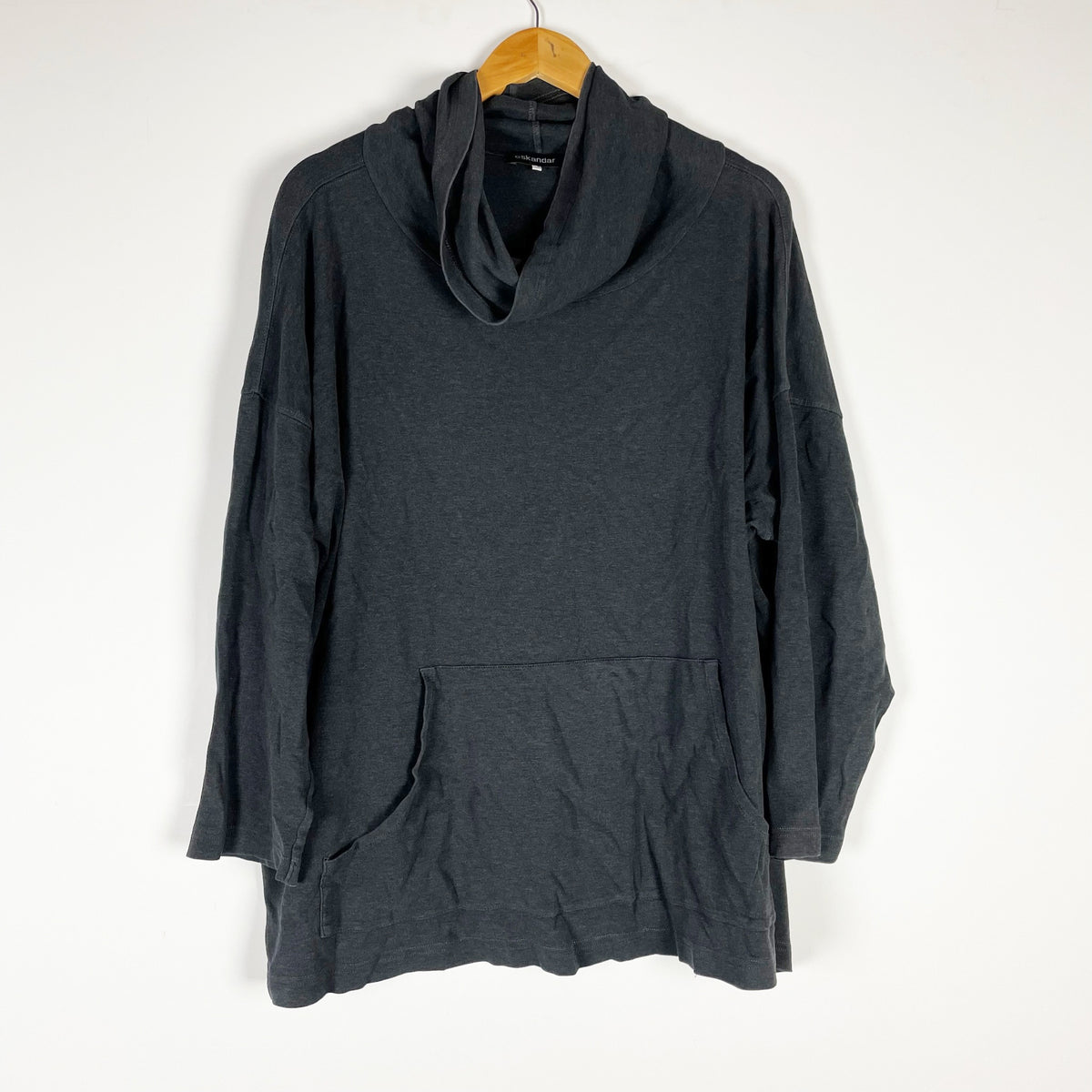 Eskandar Women's Pima Cotton Stretch Knit Cowl Neck Front Pocket Sweater Gray 1