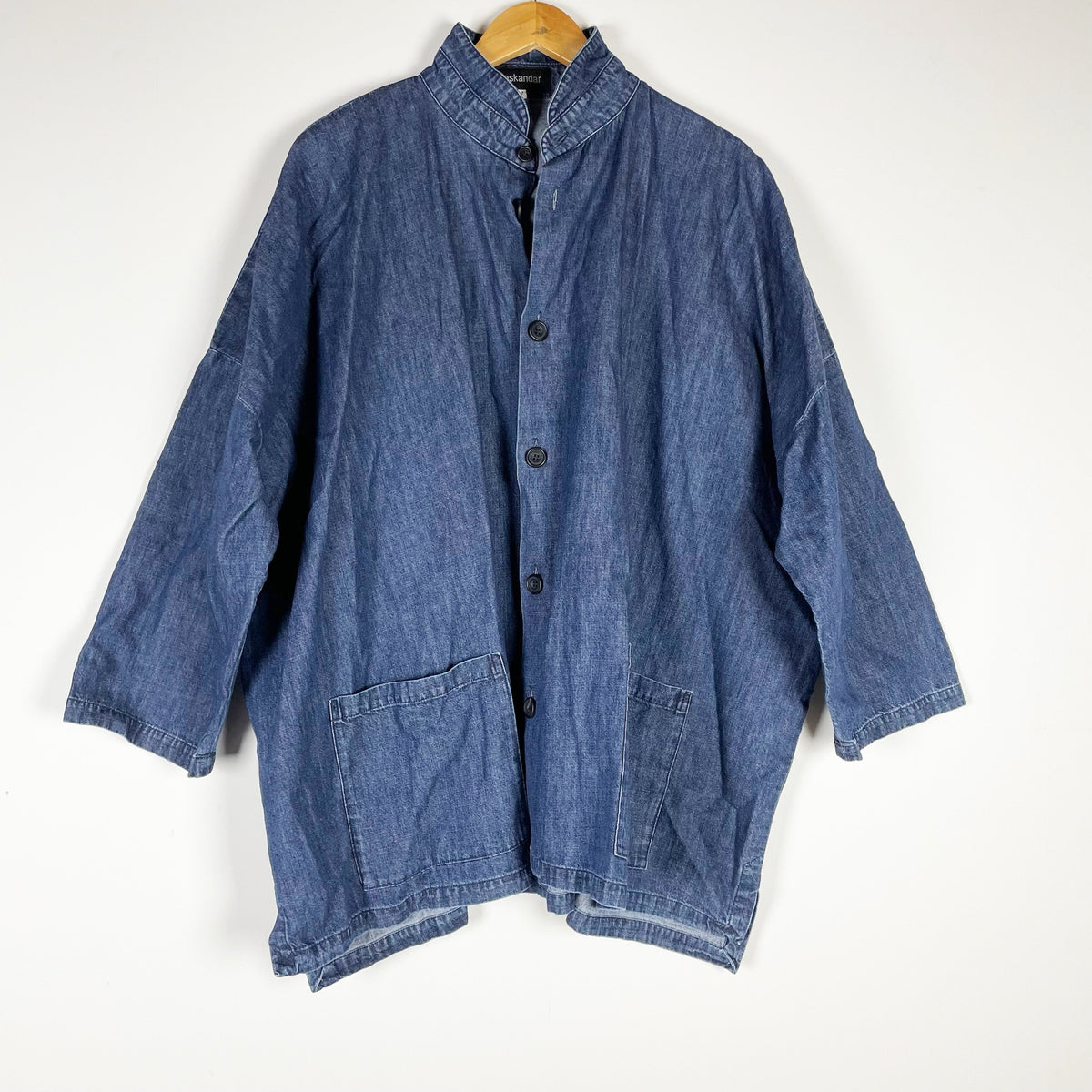 Eskandar Women's Cotton Stand Collar Button Down Front Pockets Blouse Shirt Blue