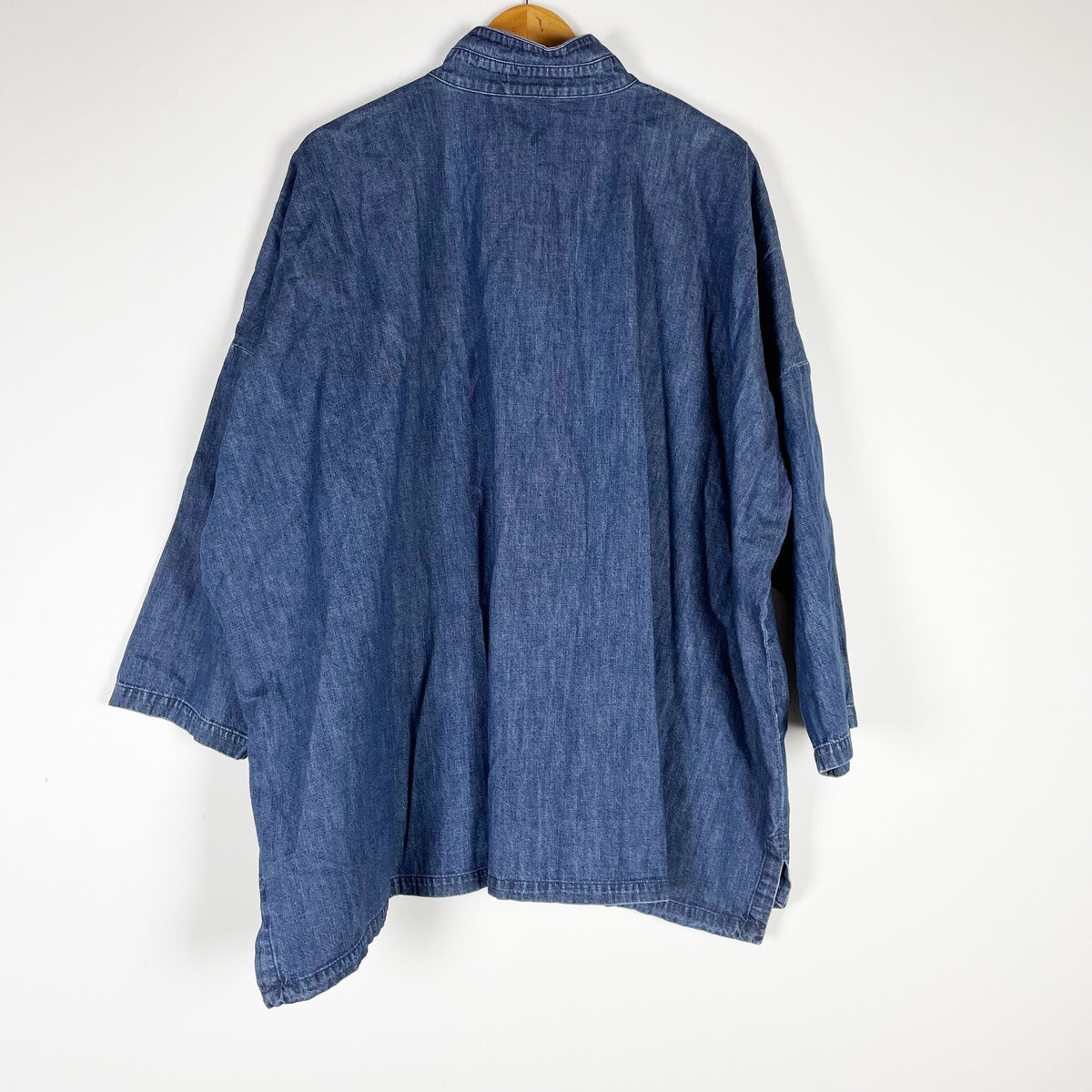 Eskandar Women's Cotton Stand Collar Button Down Front Pockets Blouse Shirt Blue