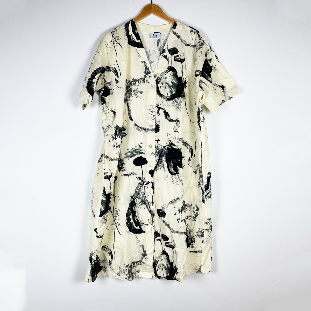 Marina Rinaldi x Voyage Cotton Poplin Button Down Collarless Printed Dress Large