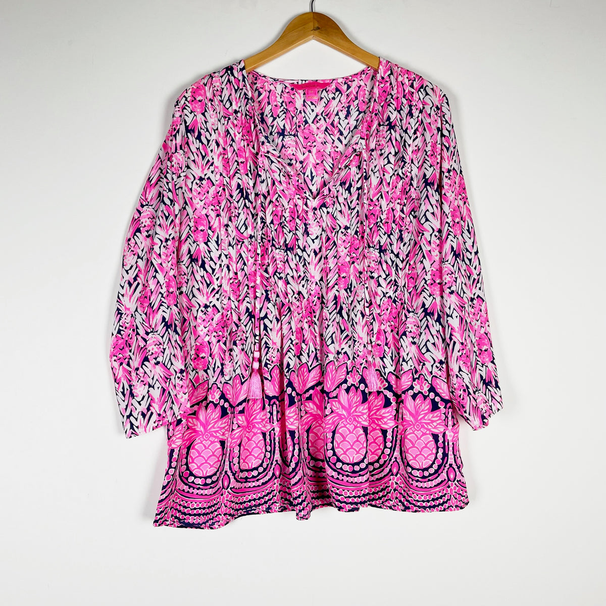 Lilly Pulitzer Marlinia Chiffon Tunic Navy Citrus Kiss Pineapple Print Blouse XL