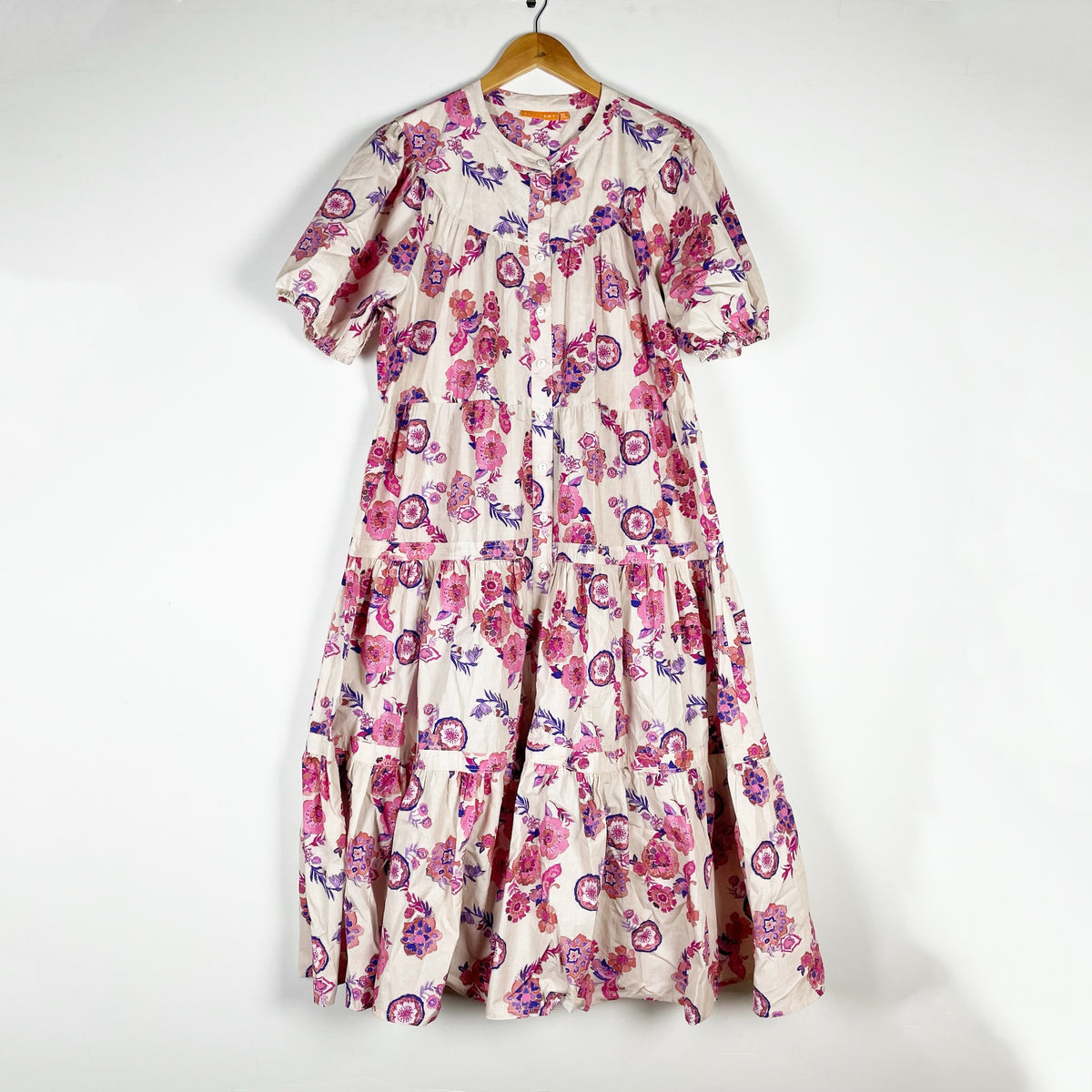 Oliphant Scooped Tiered Cotton Poplin Midi Dress Pretoria Pink Print Pattern XL