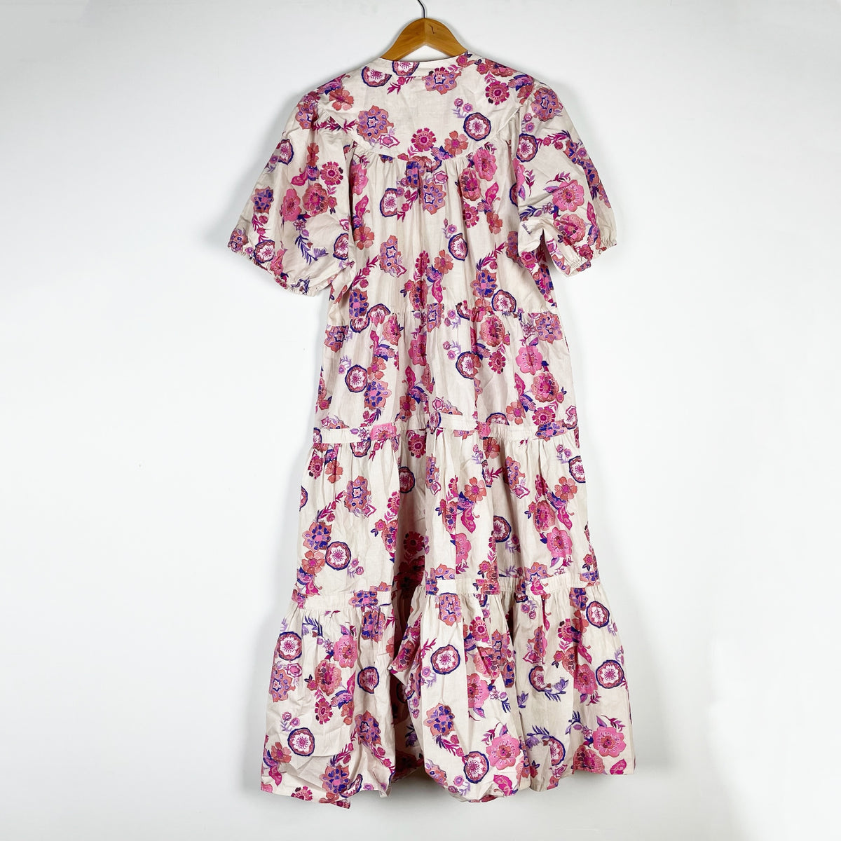 Oliphant Scooped Tiered Cotton Poplin Midi Dress Pretoria Pink Print Pattern XL