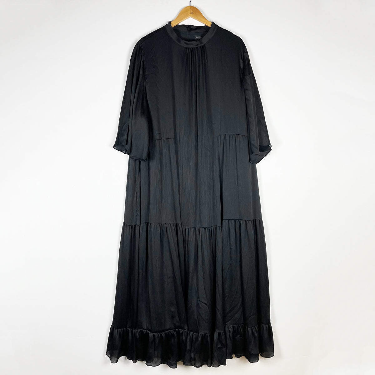 Marina Rinaldi Satin Pleated Tiered Ruffle Frill Pullover Maxi Dress Black 24
