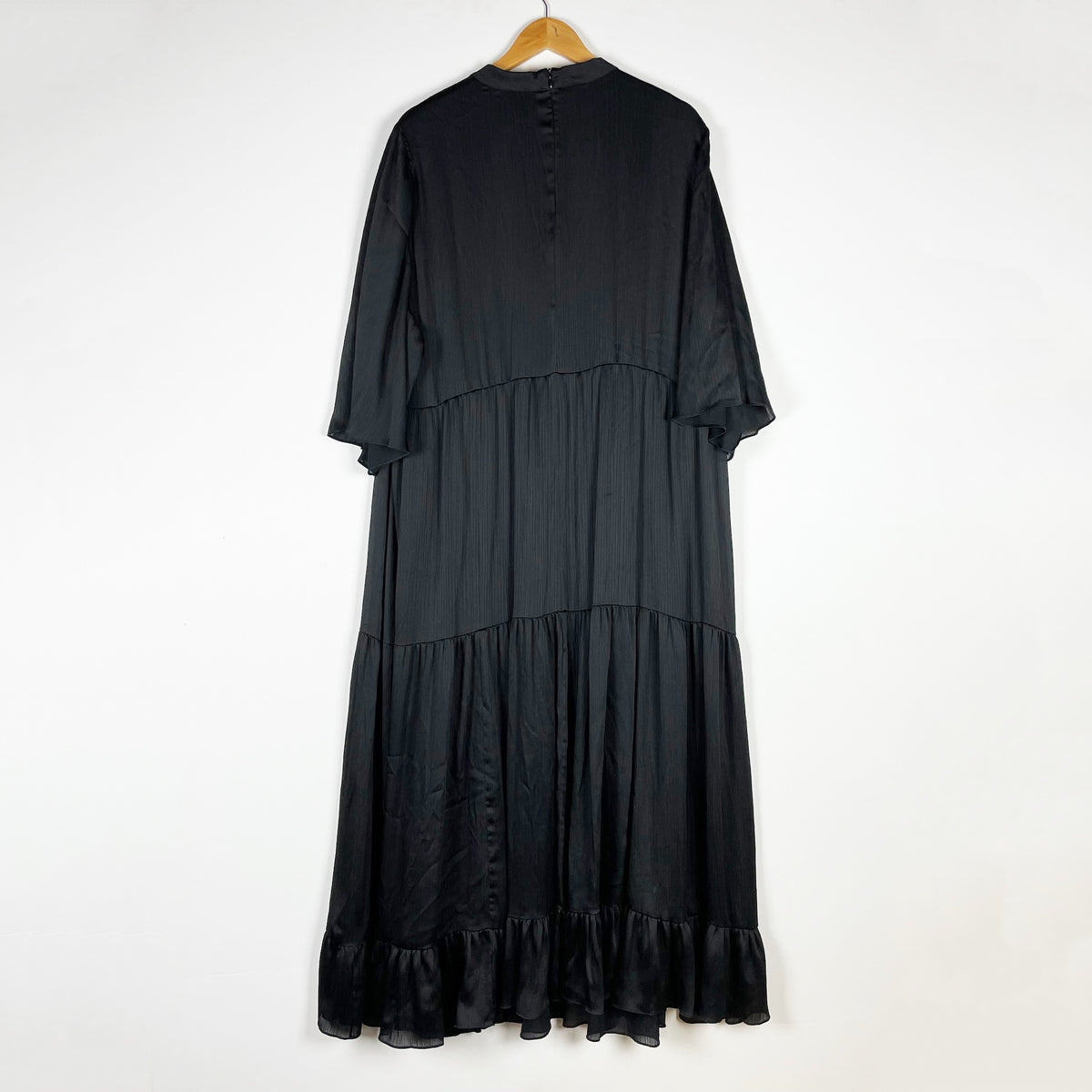 Marina Rinaldi Satin Pleated Tiered Ruffle Frill Pullover Maxi Dress Black 24