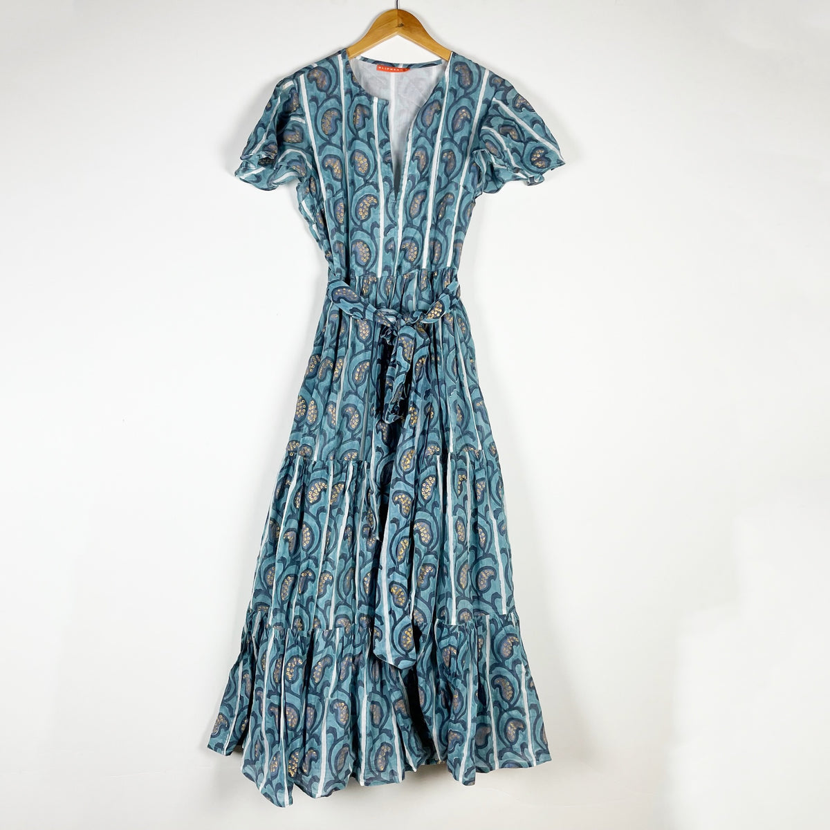 Oliphant V Neck Cotton Voile Belted Tiered Maxi Dress Goa Blue Print Pattern L