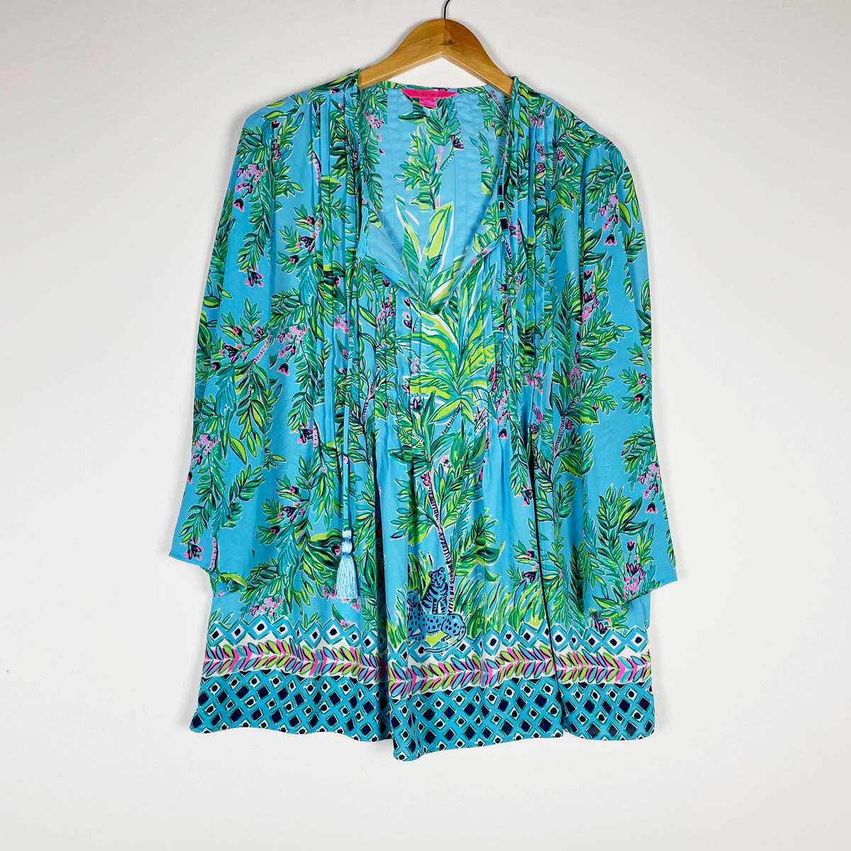 Lilly Pulitzer Marlinia Chiffon Tunic Porto Blue Bamboo Forest Print Blouse XL