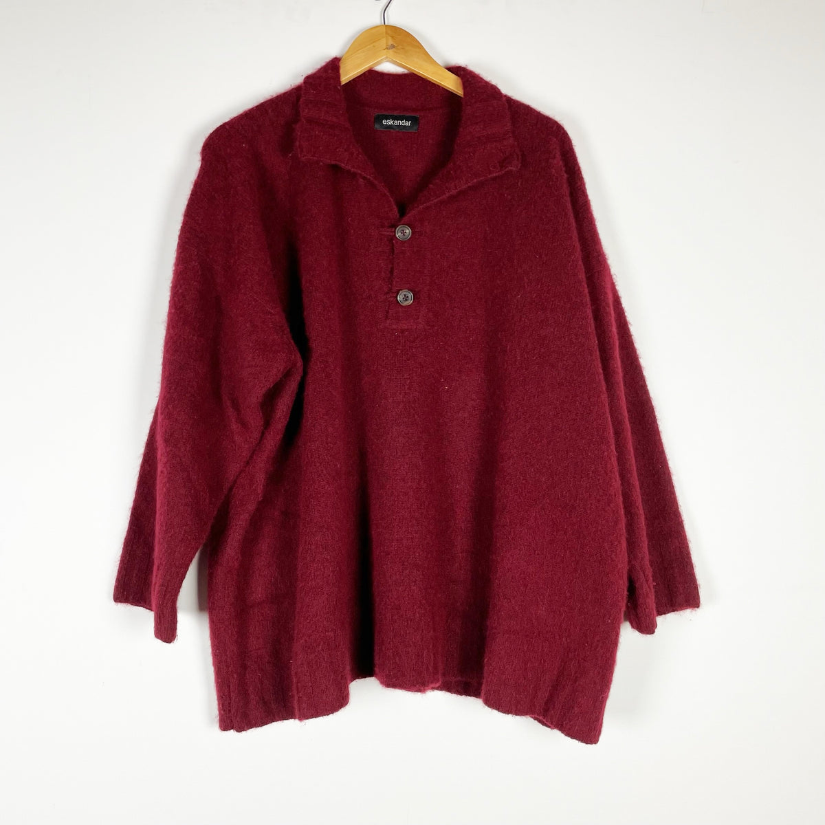 Eskandar Women's Cashmere Fuzzy Knit Henley Polo Collar Pullover Boxy Sweater OS