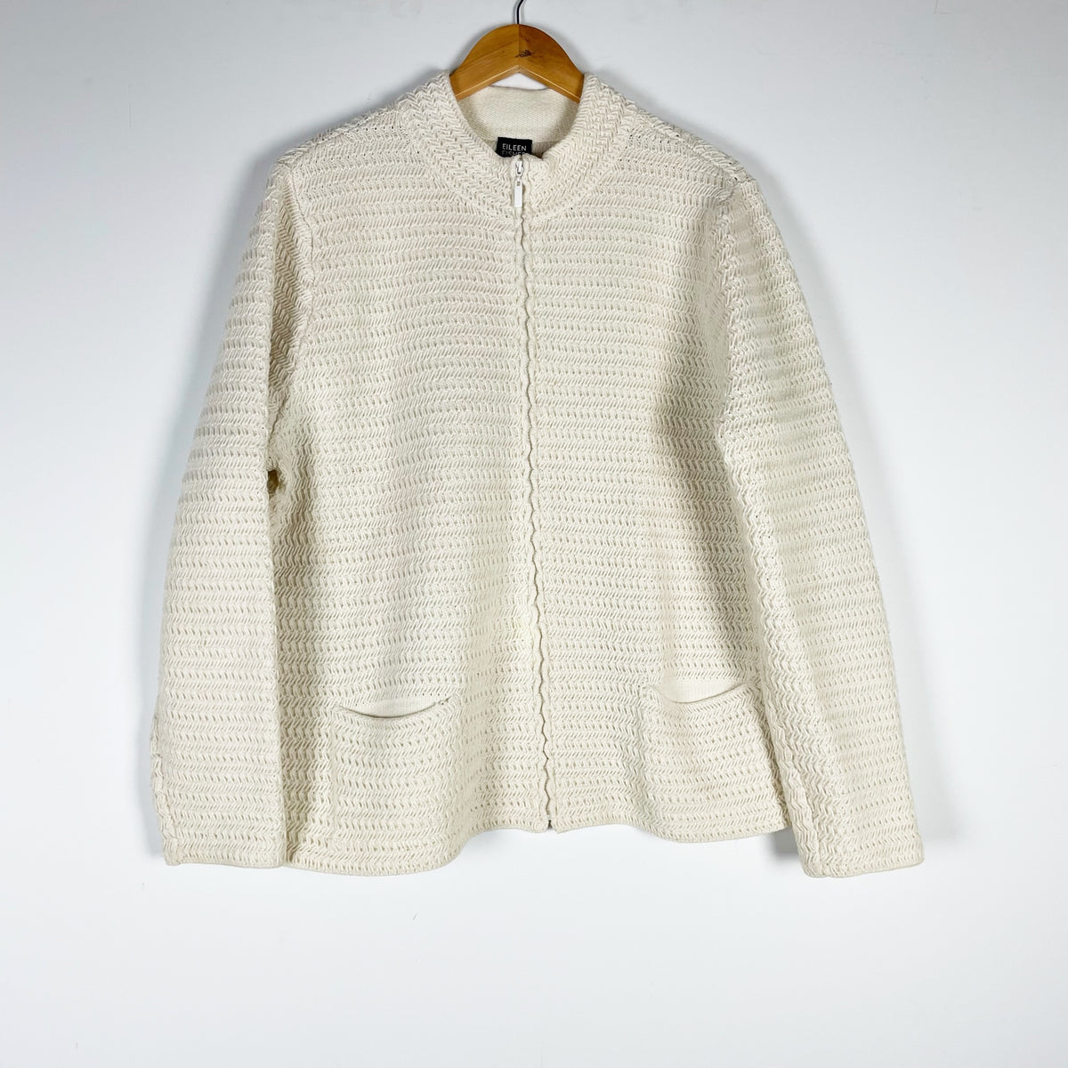 Eileen Fisher Wool Cotton Italian Yarn Knit Stretch Zip Front Cardigan Sweater