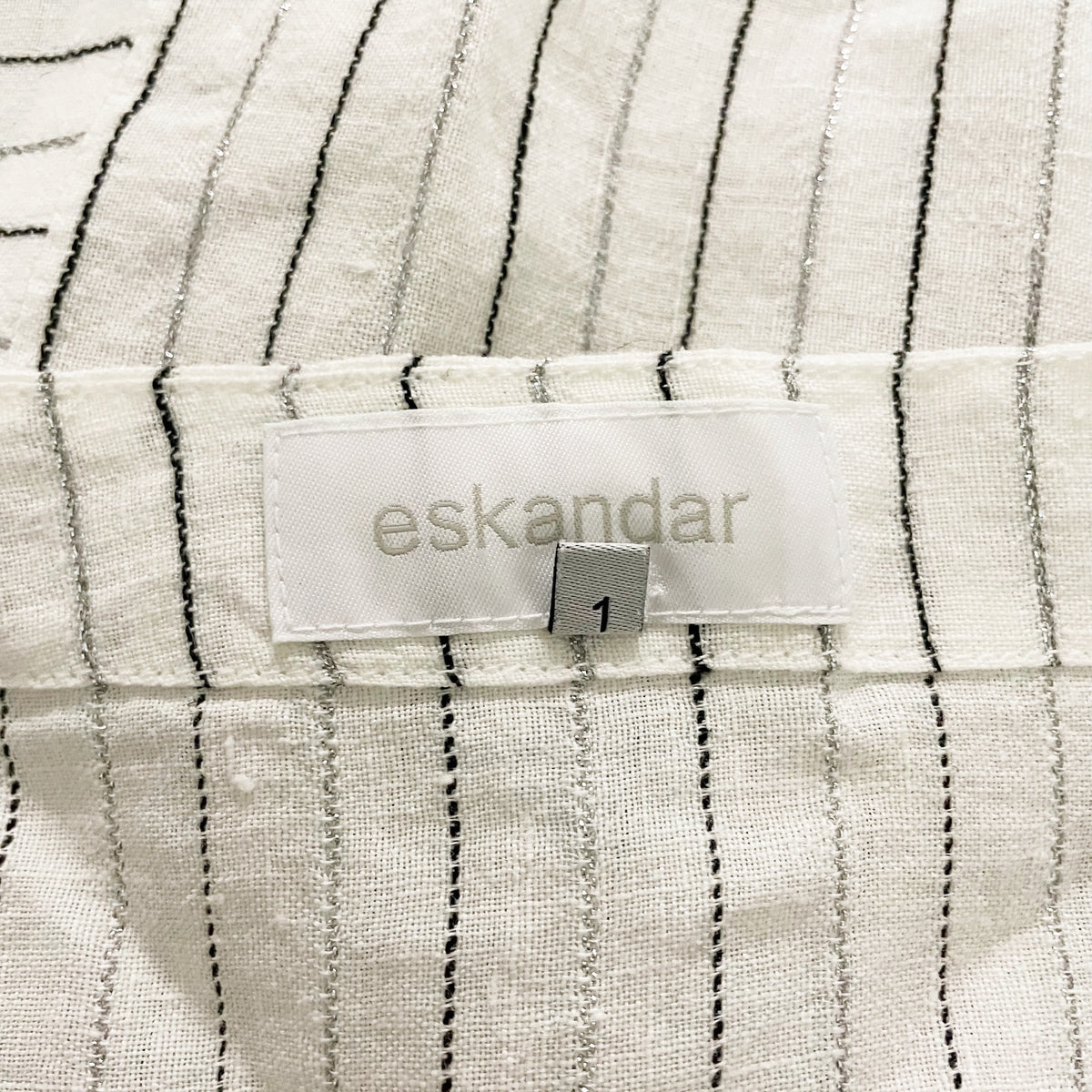 Eskandar Linen Woven Metallic Stripe Print Pattern Boxy Fit Blouse Shirt Top