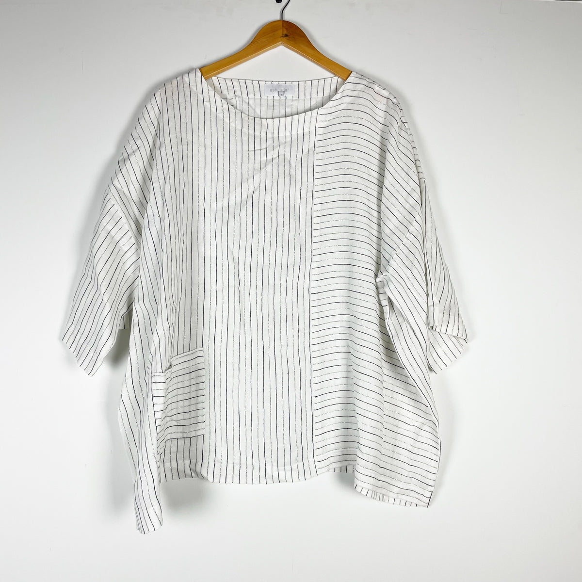 Eskandar Linen Woven Metallic Stripe Print Pattern Boxy Fit Blouse Shirt Top