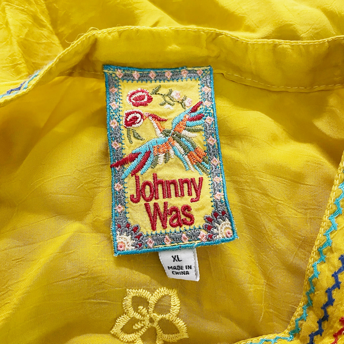 Johnny Was Cupra Rayon Floral Flower Embroidered Pullover Tunic Blouse Yellow XL