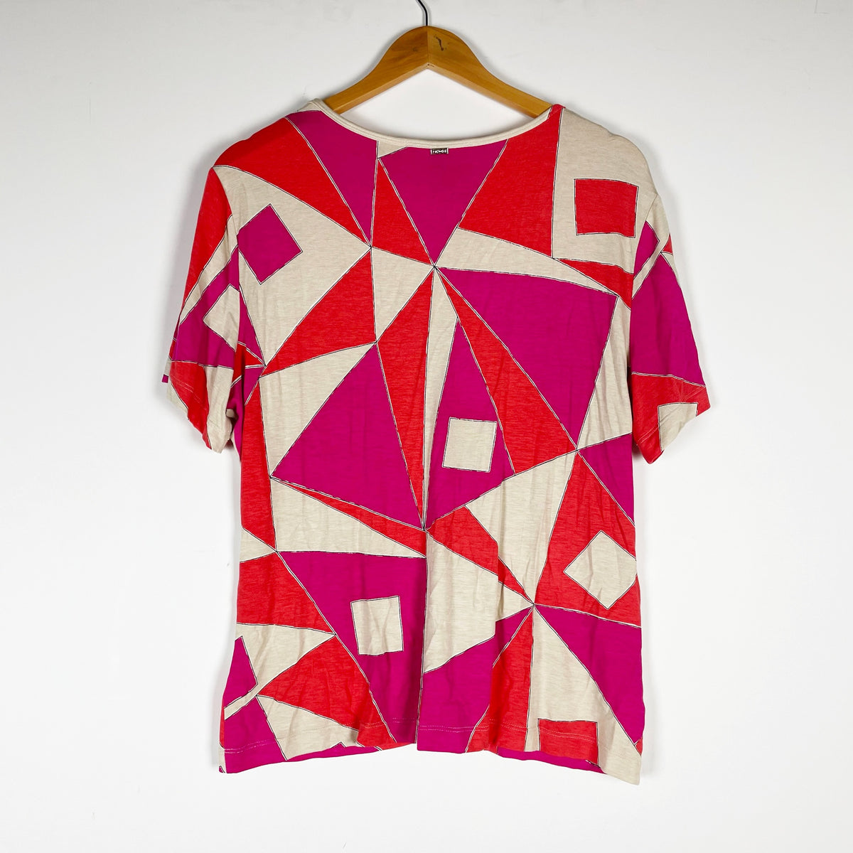 St. John Women's Jersey Knit Stretch V Neck Geometric Print Pattern Tee Shirt XL