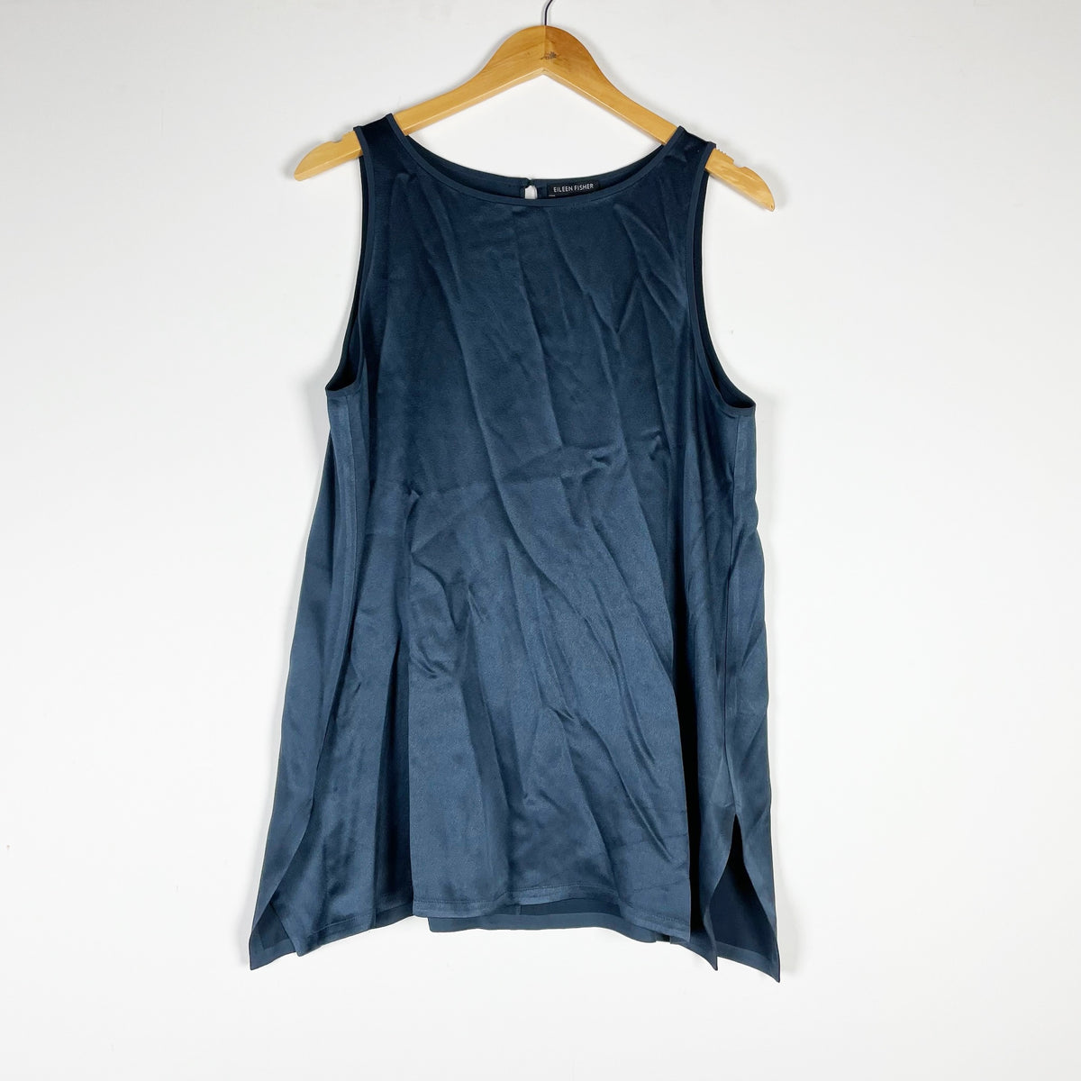 Eileen Fisher Silk Satin Scoop Neck Sleeveless Tank Top Camisole Navy Blue M