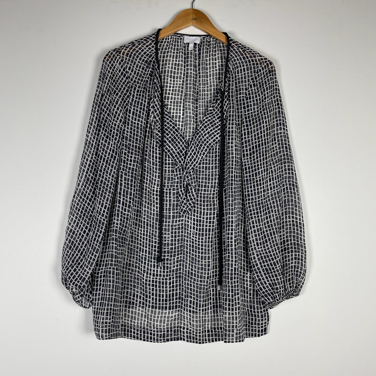 Escada Sport Chiffon Check Print Pattern Semi Sheer Tie Neck Blouse Shirt Top 40
