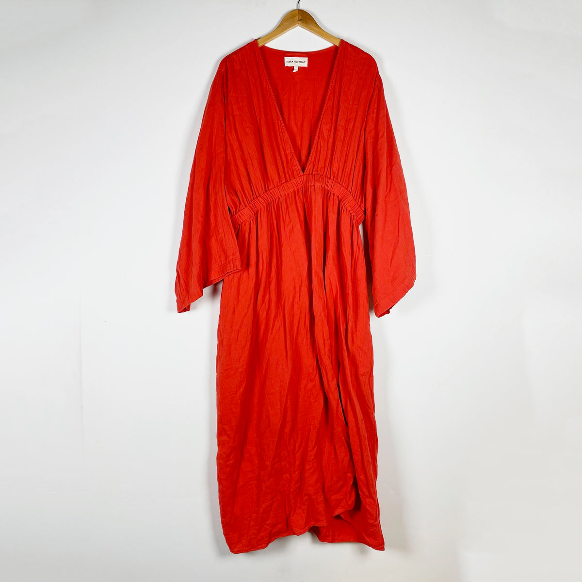 Mara Hoffman Organic Cotton Stretch Waist Deep V Neck Pullover Maxi Dress Orange