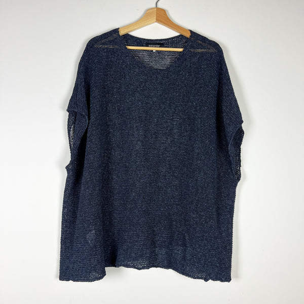 Eskandar Wool Blend Fishnet Crochet Stretch Boxy Oversize Pullover Sweater Blue