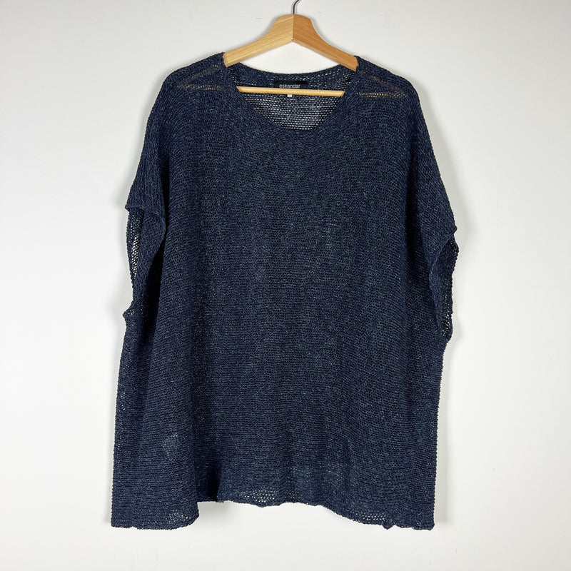 Eskandar Wool Blend Fishnet Crochet Stretch Boxy Oversize Pullover Sweater Blue