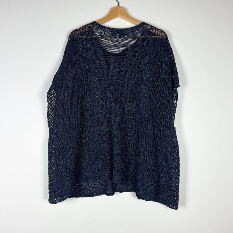 Eskandar Wool Blend Fishnet Crochet Stretch Boxy Oversize Pullover Sweater Blue