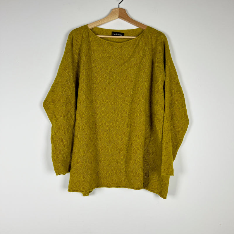 Eskandar 100% Cashmere Textured Chevron Print Knit Stretch Scoop Neck Sweater OS