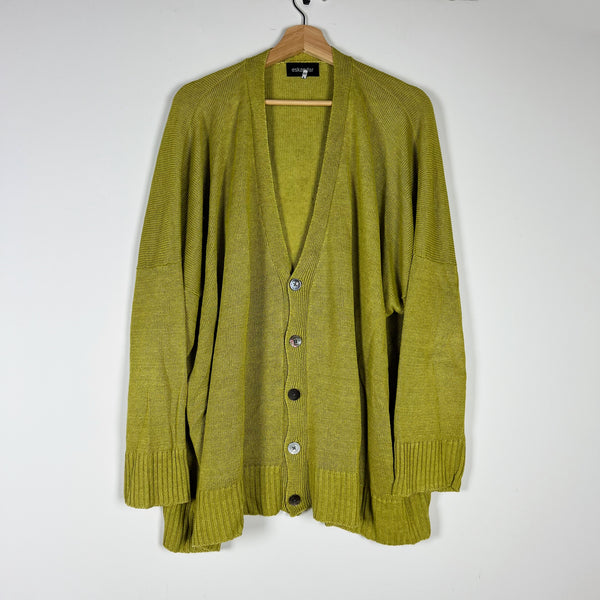 Eskandar Wide Square Boxy Linen V Neck Button Front Cardigan Sweater Olive Oil