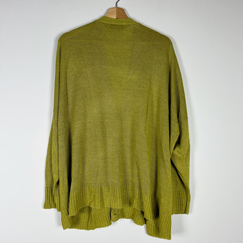 Eskandar Wide Square Boxy Linen V Neck Button Front Cardigan Sweater Olive Oil