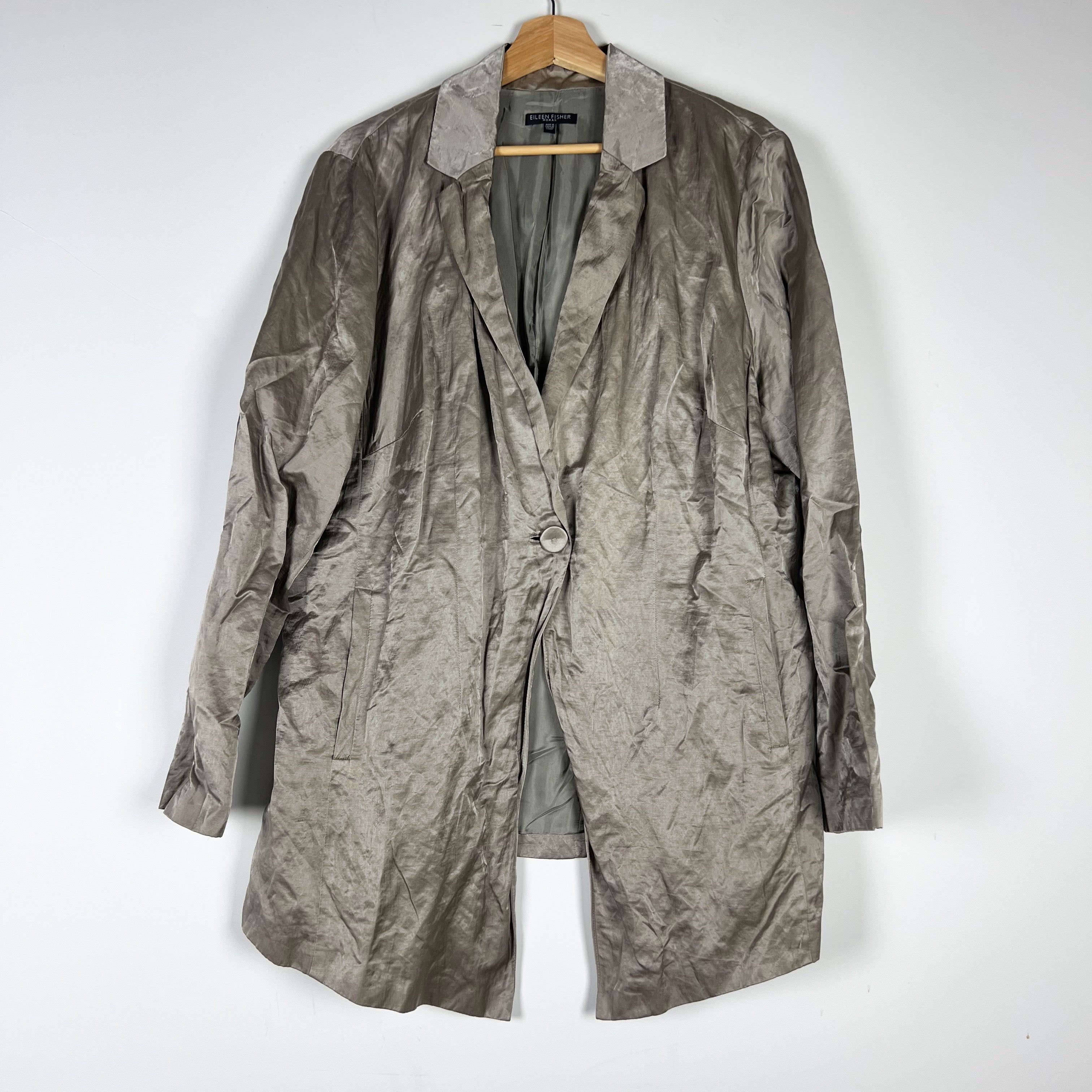 Eileen Fisher Woman Cotton Satin Metallic Sheen Collared One Button Blazer 1X