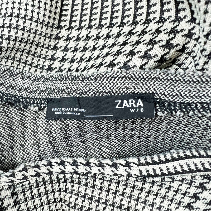 Zara W/B Women's Micro Houndstooth Print Pattern Long Button Sleeve Blouse Shirt