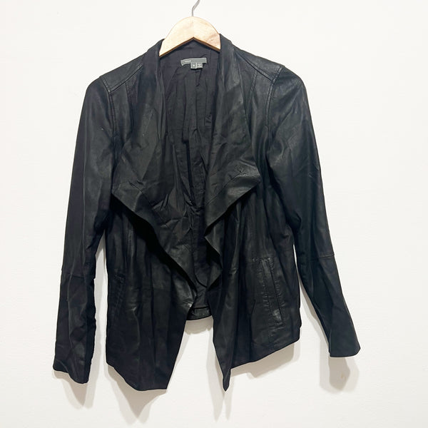 Vince Women's Genuine Leather Open Front Waterfall Collar Jacket Black Medium