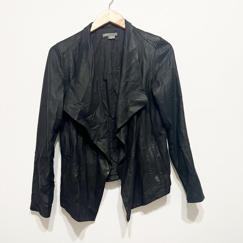 Vince Women's Genuine Leather Open Front Waterfall Collar Jacket Black Medium