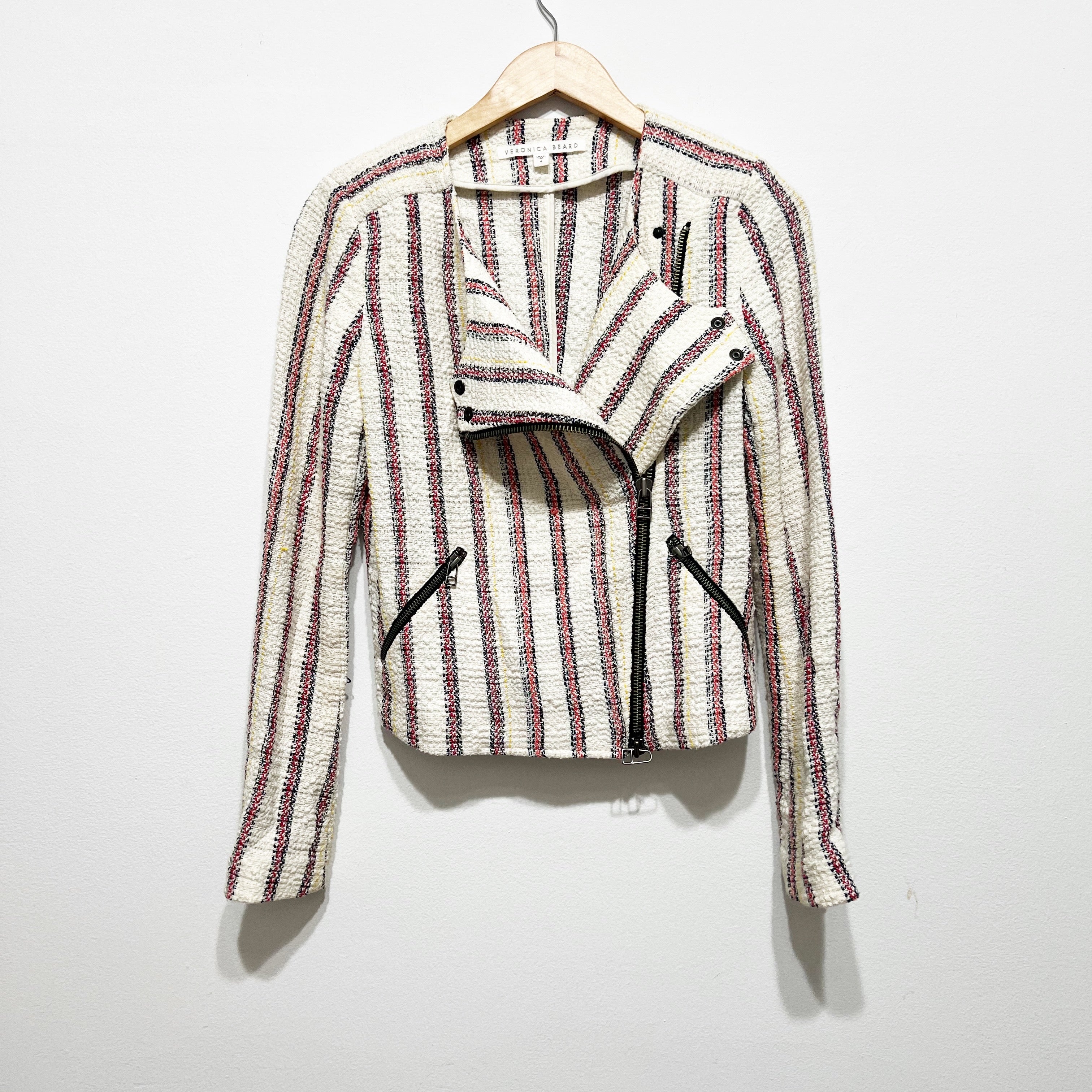 Veronica Beard Mara Stripe Tweed Boucle Woven Cotton Linen Moto Jacket 4