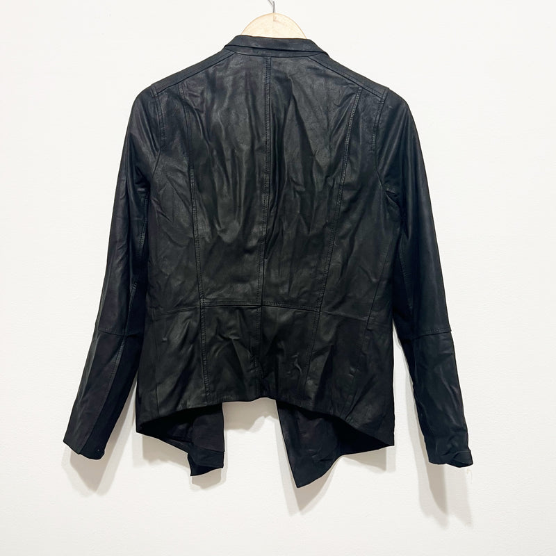 Vince Women's Genuine Leather Open Front Waterfall Collar Jacket Black Medium