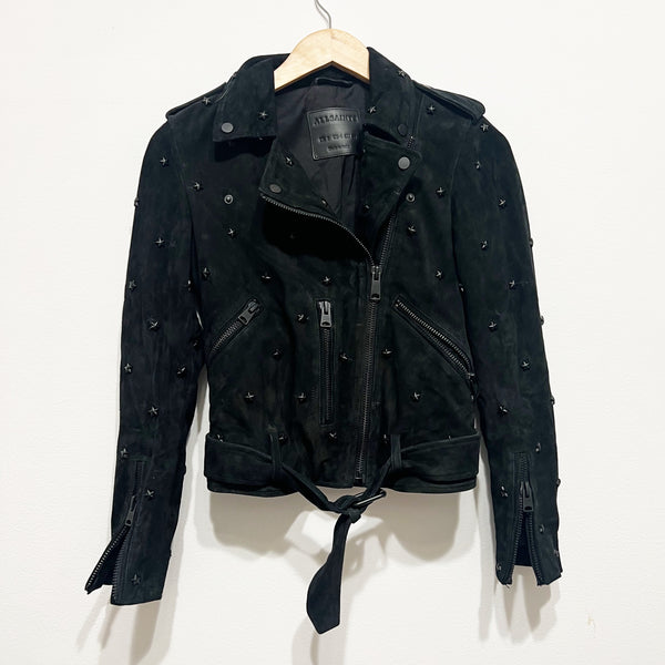 All Saints Women's Balfern Genuine Suede Leather Star Studded Embellished Jacket
