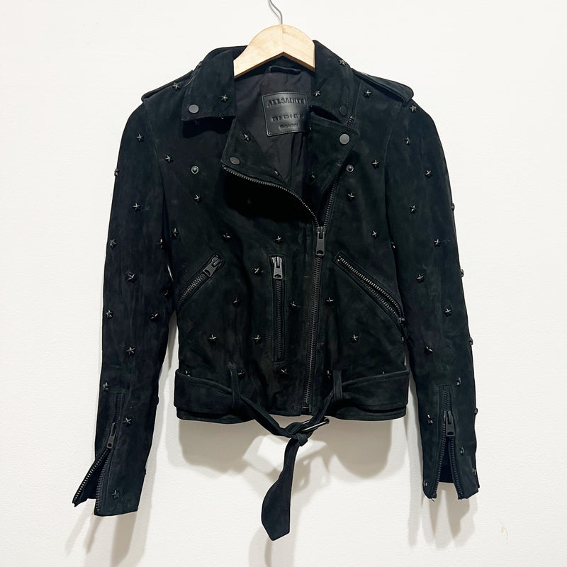 All Saints Women's Balfern Genuine Suede Leather Star Studded Embellished Jacket